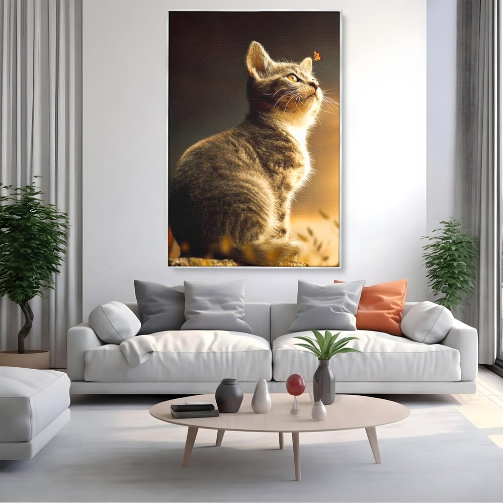 Tablou Canvas Premium, LuxCanva® M1172, Pisica si Fluturele, Fluture, Pisica, Prietenie, Natura, Felina, Gingas, Lumina, Copilarie, Pufos, Inocenta, Birou, Living, Camera Copil