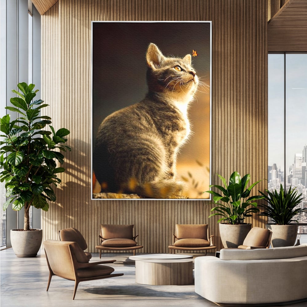 Tablou Canvas Premium, LuxCanva® M1172, Pisica si Fluturele, Fluture, Pisica, Prietenie, Natura, Felina, Gingas, Lumina, Copilarie, Pufos, Inocenta, Birou, Living, Camera Copil