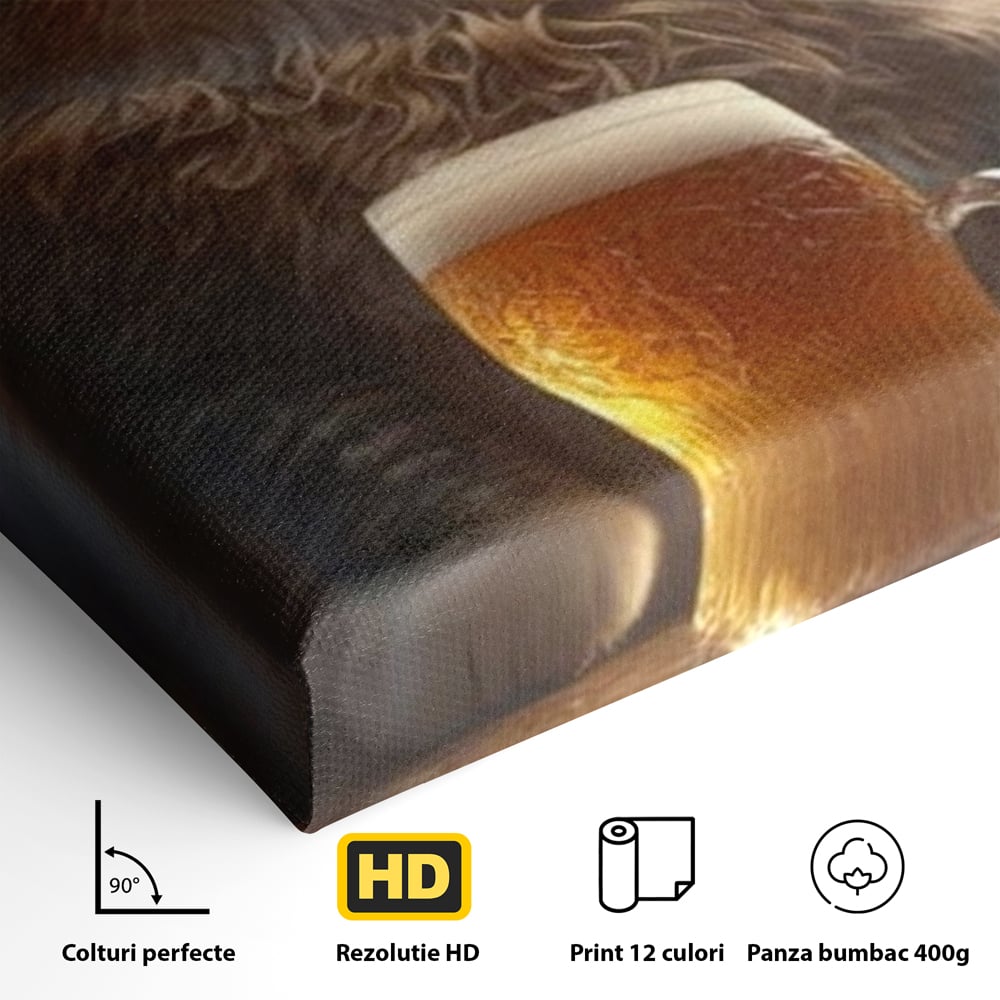 Tablou Canvas Premium, LuxCanva® M1173, Gingasie la Halba, Motan, Halba, Bar, Bere, Pahar, Spuma, Taverna, Bautura, Vintage, Portret, Felina, Birou, Living, Camera Copil