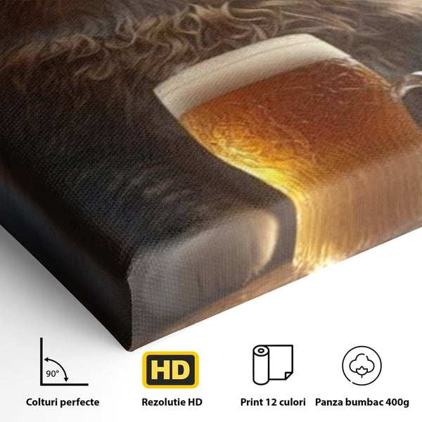Tablou Canvas Premium, LuxCanva® M1173, Gingasie la Halba, Motan, Halba, Bar, Bere, Pahar, Spuma, Taverna, Bautura, Vintage, Portret, Felina, Birou, Living, Camera Copil