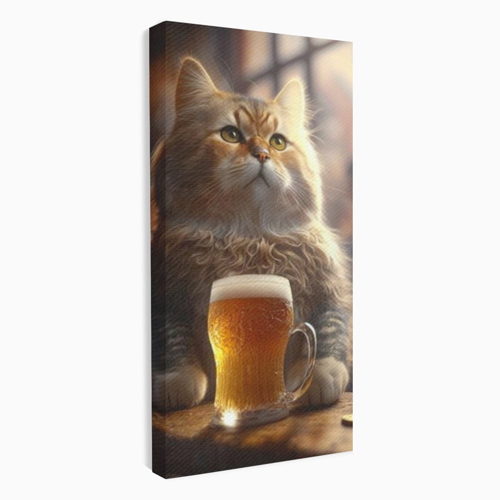 Tablou Canvas Premium, LuxCanva® M1173, Gingasie la Halba, Motan, Halba, Bar, Bere, Pahar, Spuma, Taverna, Bautura, Vintage, Portret, Felina, Birou, Living, Camera Copil