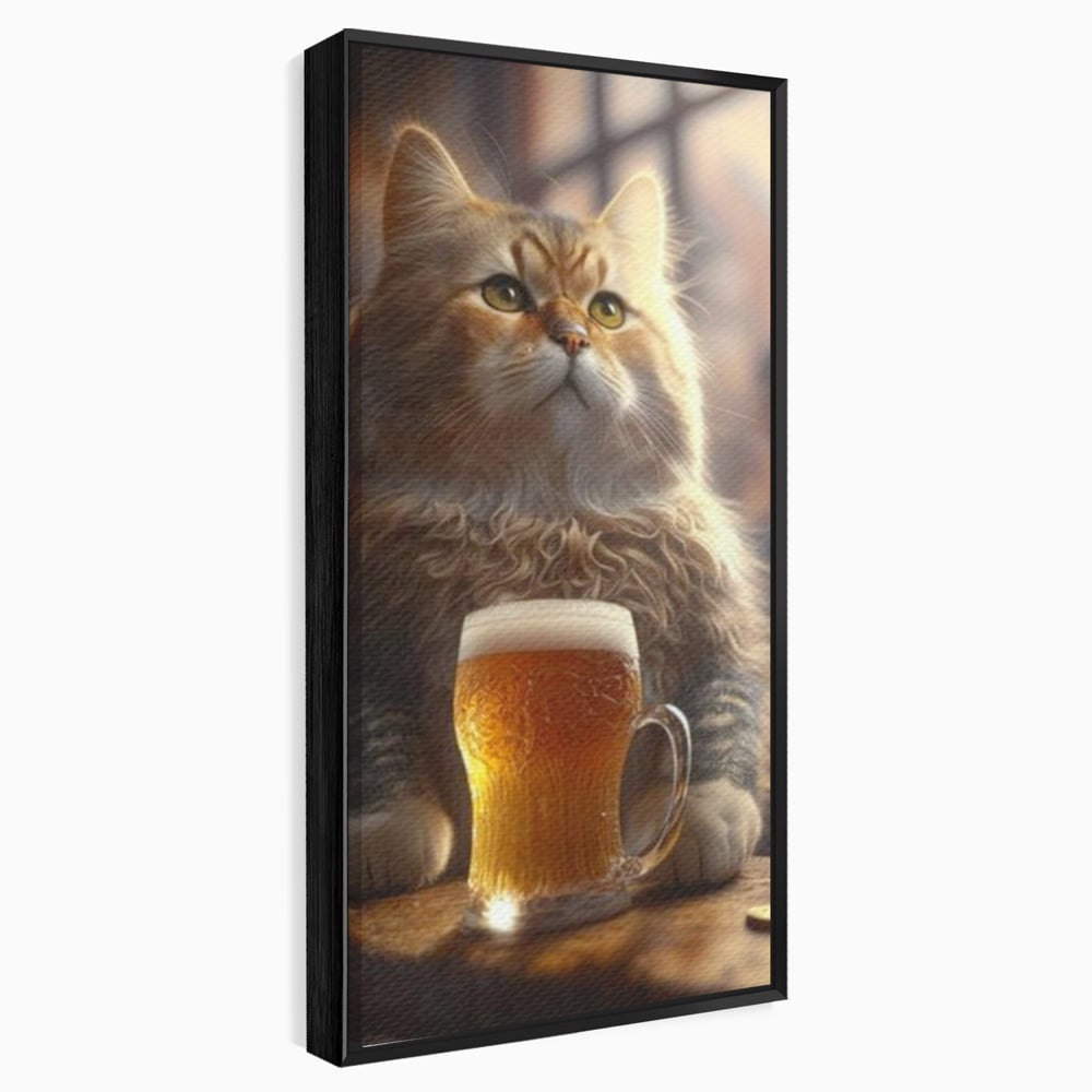 Tablou Canvas Premium, LuxCanva® M1173, Gingasie la Halba, Motan, Halba, Bar, Bere, Pahar, Spuma, Taverna, Bautura, Vintage, Portret, Felina, Birou, Living, Camera Copil