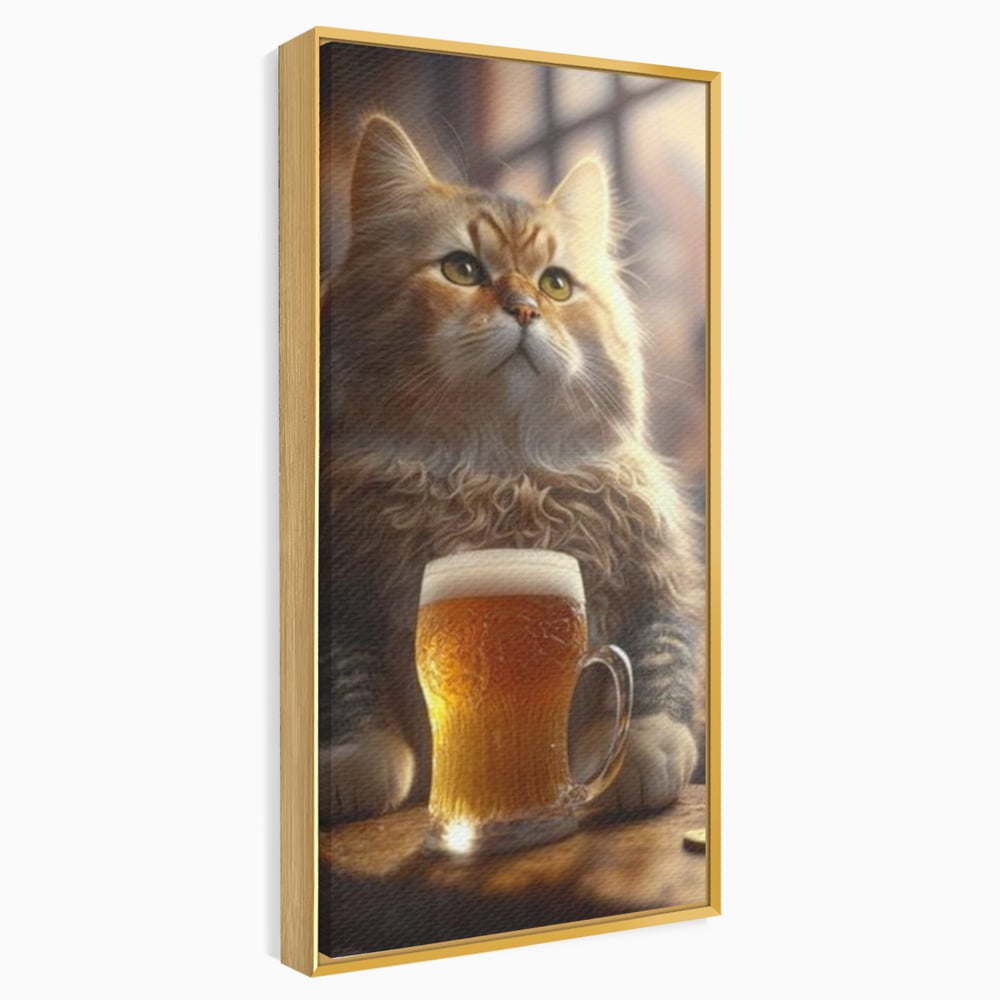 Tablou Canvas Premium, LuxCanva® M1173, Gingasie la Halba, Motan, Halba, Bar, Bere, Pahar, Spuma, Taverna, Bautura, Vintage, Portret, Felina, Birou, Living, Camera Copil