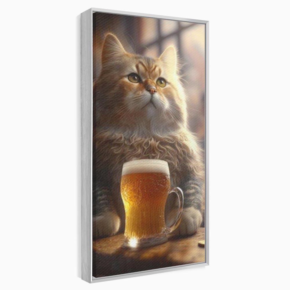 Tablou Canvas Premium, LuxCanva® M1173, Gingasie la Halba, Motan, Halba, Bar, Bere, Pahar, Spuma, Taverna, Bautura, Vintage, Portret, Felina, Birou, Living, Camera Copil