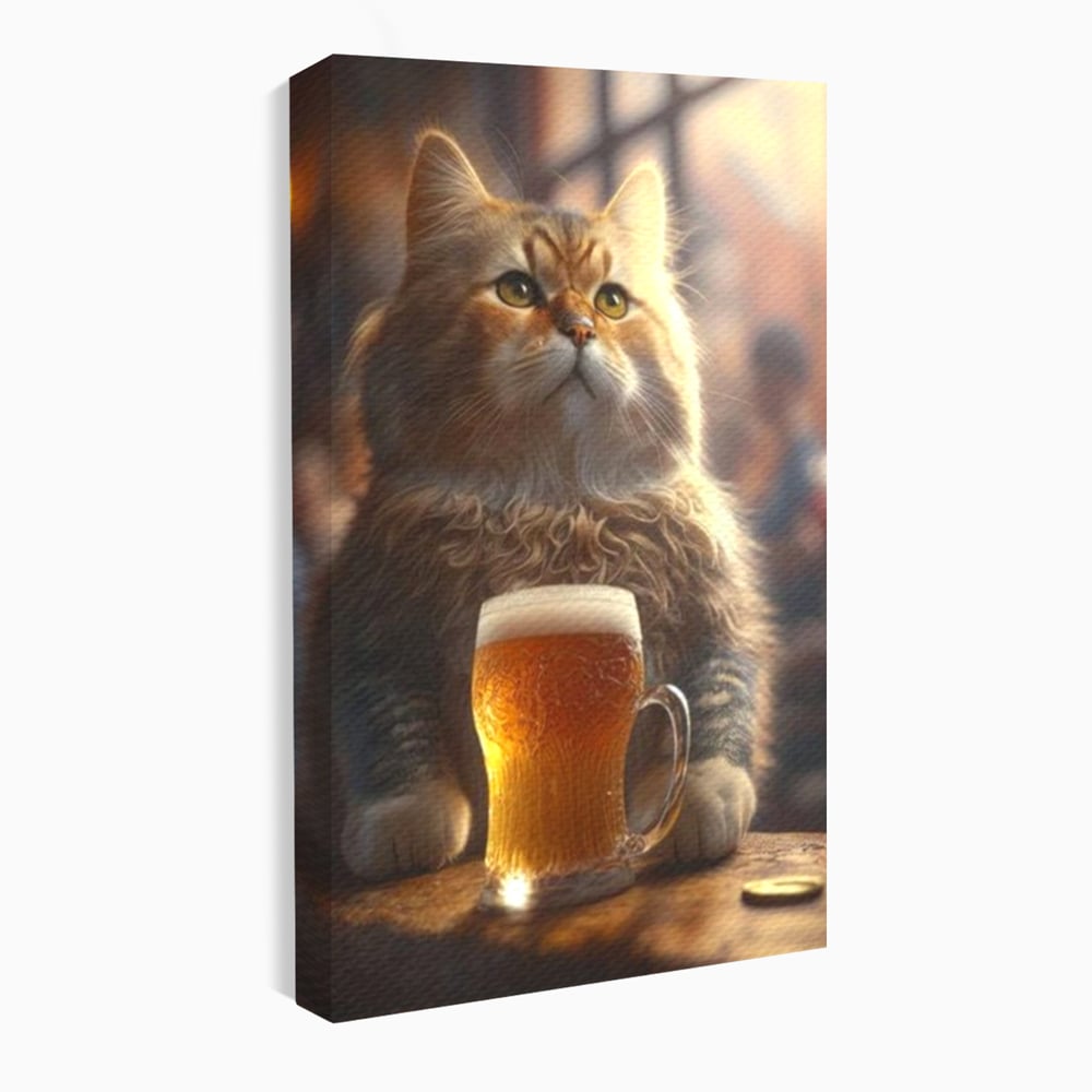 Tablou Canvas Premium, LuxCanva® M1173, Gingasie la Halba, Motan, Halba, Bar, Bere, Pahar, Spuma, Taverna, Bautura, Vintage, Portret, Felina, Birou, Living, Camera Copil