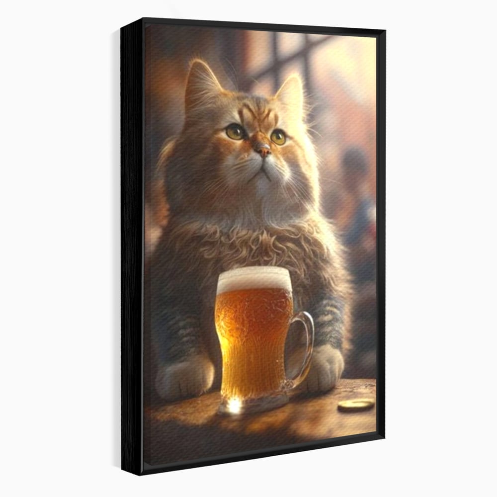 Tablou Canvas Premium, LuxCanva® M1173, Gingasie la Halba, Motan, Halba, Bar, Bere, Pahar, Spuma, Taverna, Bautura, Vintage, Portret, Felina, Birou, Living, Camera Copil
