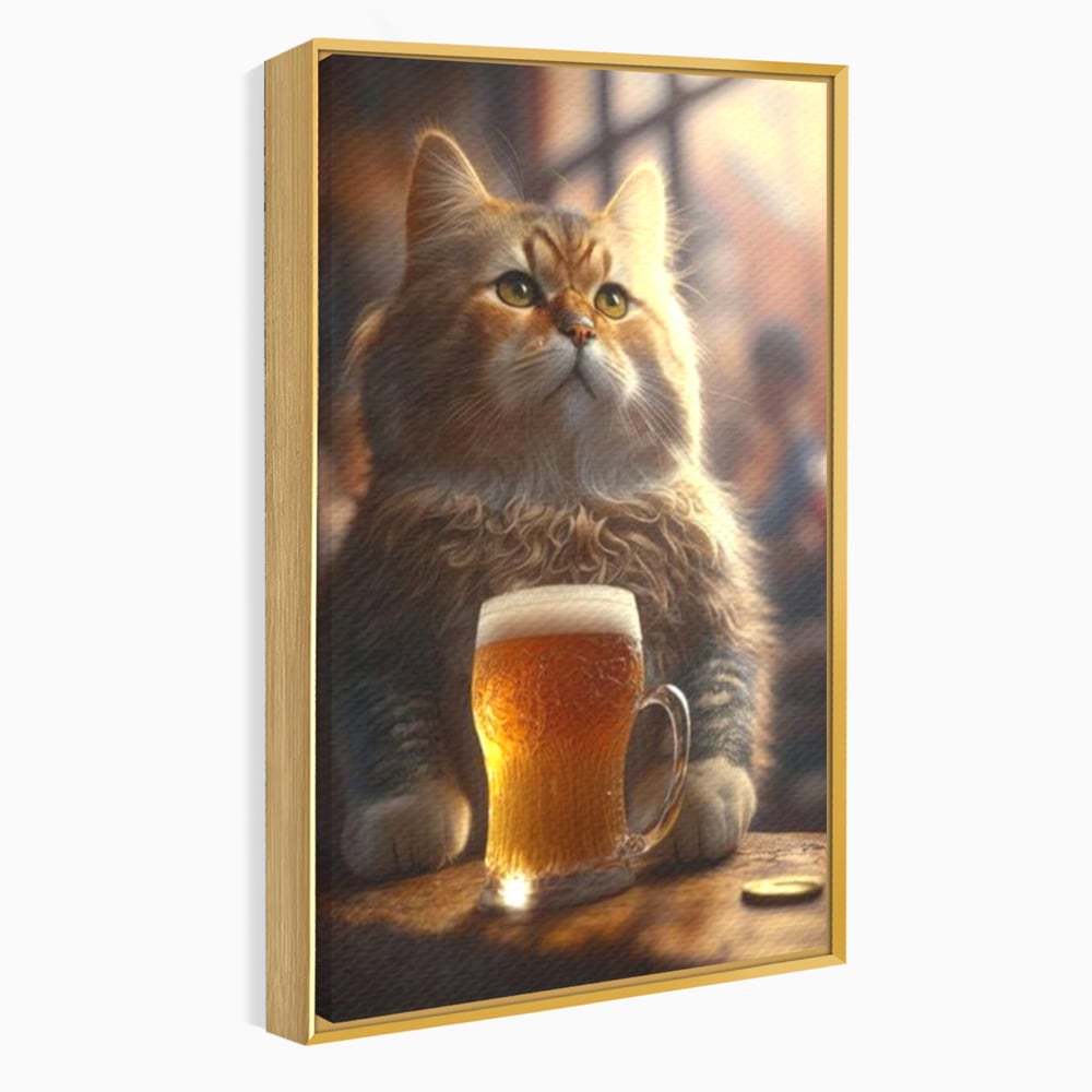 Tablou Canvas Premium, LuxCanva® M1173, Gingasie la Halba, Motan, Halba, Bar, Bere, Pahar, Spuma, Taverna, Bautura, Vintage, Portret, Felina, Birou, Living, Camera Copil