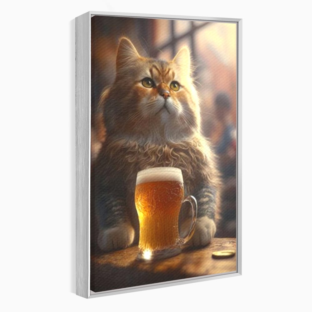 Tablou Canvas Premium, LuxCanva® M1173, Gingasie la Halba, Motan, Halba, Bar, Bere, Pahar, Spuma, Taverna, Bautura, Vintage, Portret, Felina, Birou, Living, Camera Copil