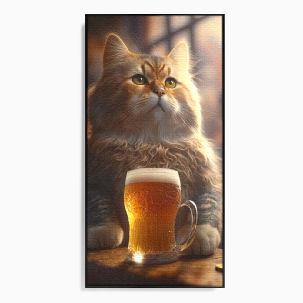 Tablou Canvas Premium, LuxCanva® M1173, Gingasie la Halba, Motan, Halba, Bar, Bere, Pahar, Spuma, Taverna, Bautura, Vintage, Portret, Felina, Birou, Living, Camera Copil