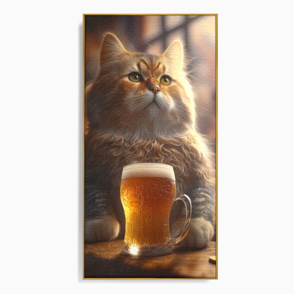 Tablou Canvas Premium, LuxCanva® M1173, Gingasie la Halba, Motan, Halba, Bar, Bere, Pahar, Spuma, Taverna, Bautura, Vintage, Portret, Felina, Birou, Living, Camera Copil
