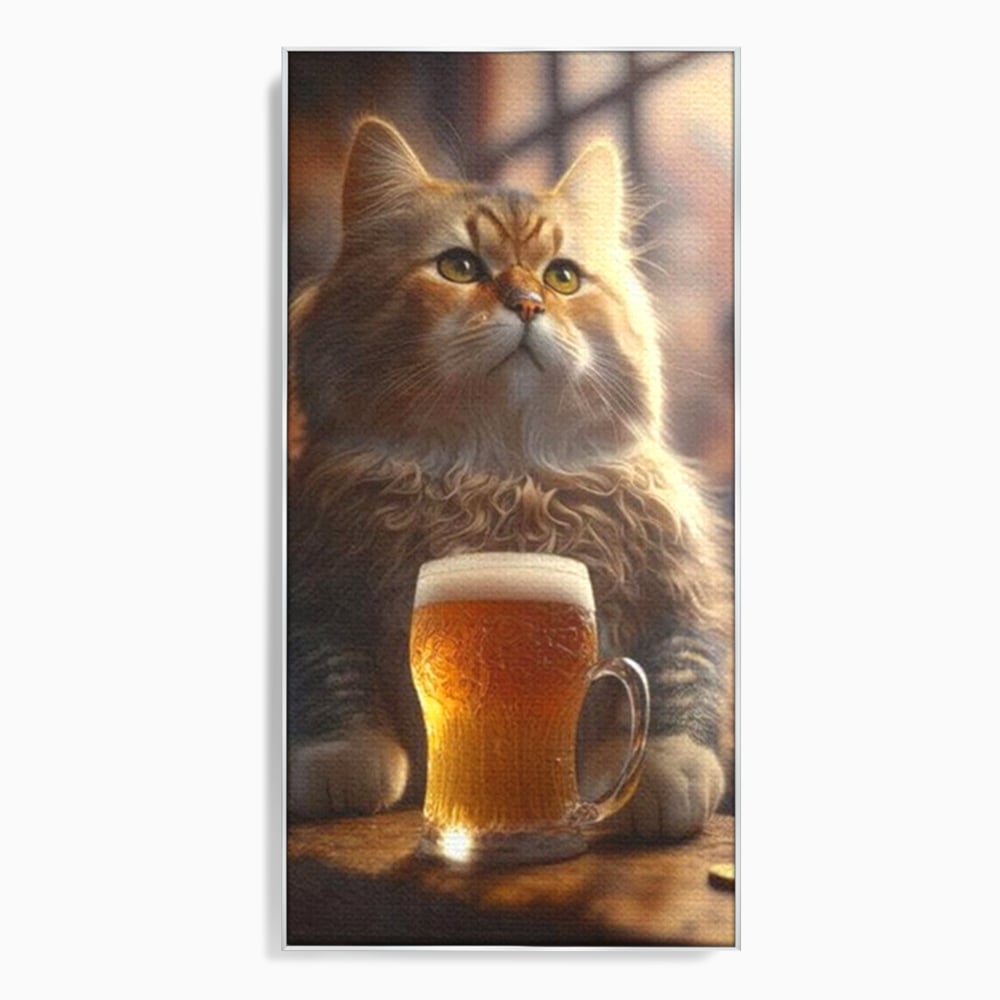 Tablou Canvas Premium, LuxCanva® M1173, Gingasie la Halba, Motan, Halba, Bar, Bere, Pahar, Spuma, Taverna, Bautura, Vintage, Portret, Felina, Birou, Living, Camera Copil