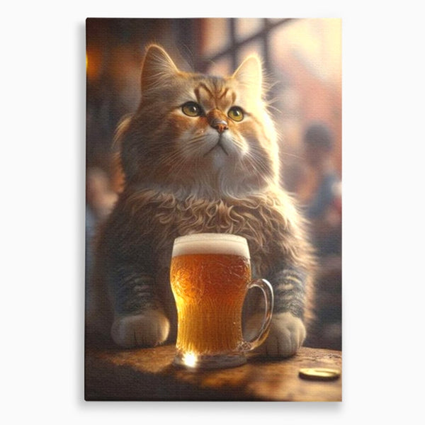 Tablou Canvas Premium, LuxCanva® M1173, Gingasie la Halba, Motan, Halba, Bar, Bere, Pahar, Spuma, Taverna, Bautura, Vintage, Portret, Felina, Birou, Living, Camera Copil