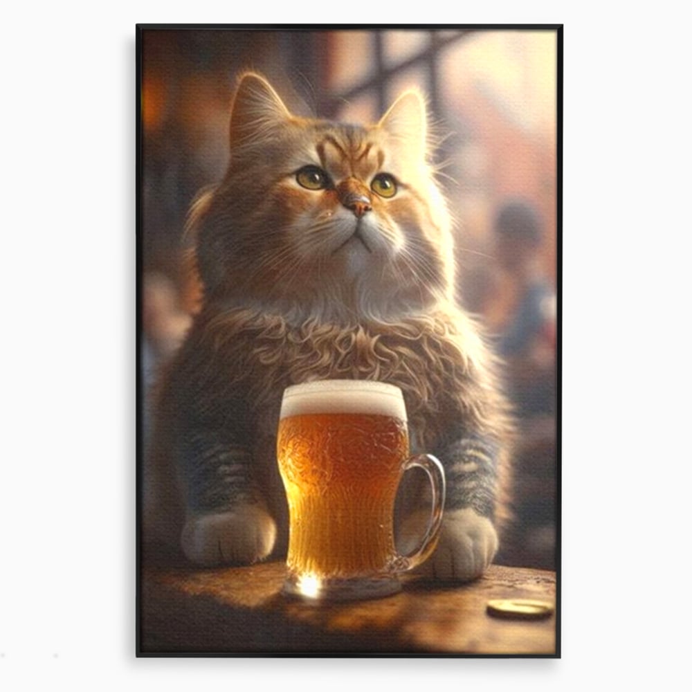 Tablou Canvas Premium, LuxCanva® M1173, Gingasie la Halba, Motan, Halba, Bar, Bere, Pahar, Spuma, Taverna, Bautura, Vintage, Portret, Felina, Birou, Living, Camera Copil