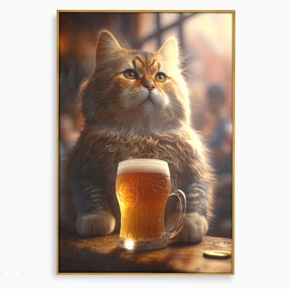 Tablou Canvas Premium, LuxCanva® M1173, Gingasie la Halba, Motan, Halba, Bar, Bere, Pahar, Spuma, Taverna, Bautura, Vintage, Portret, Felina, Birou, Living, Camera Copil