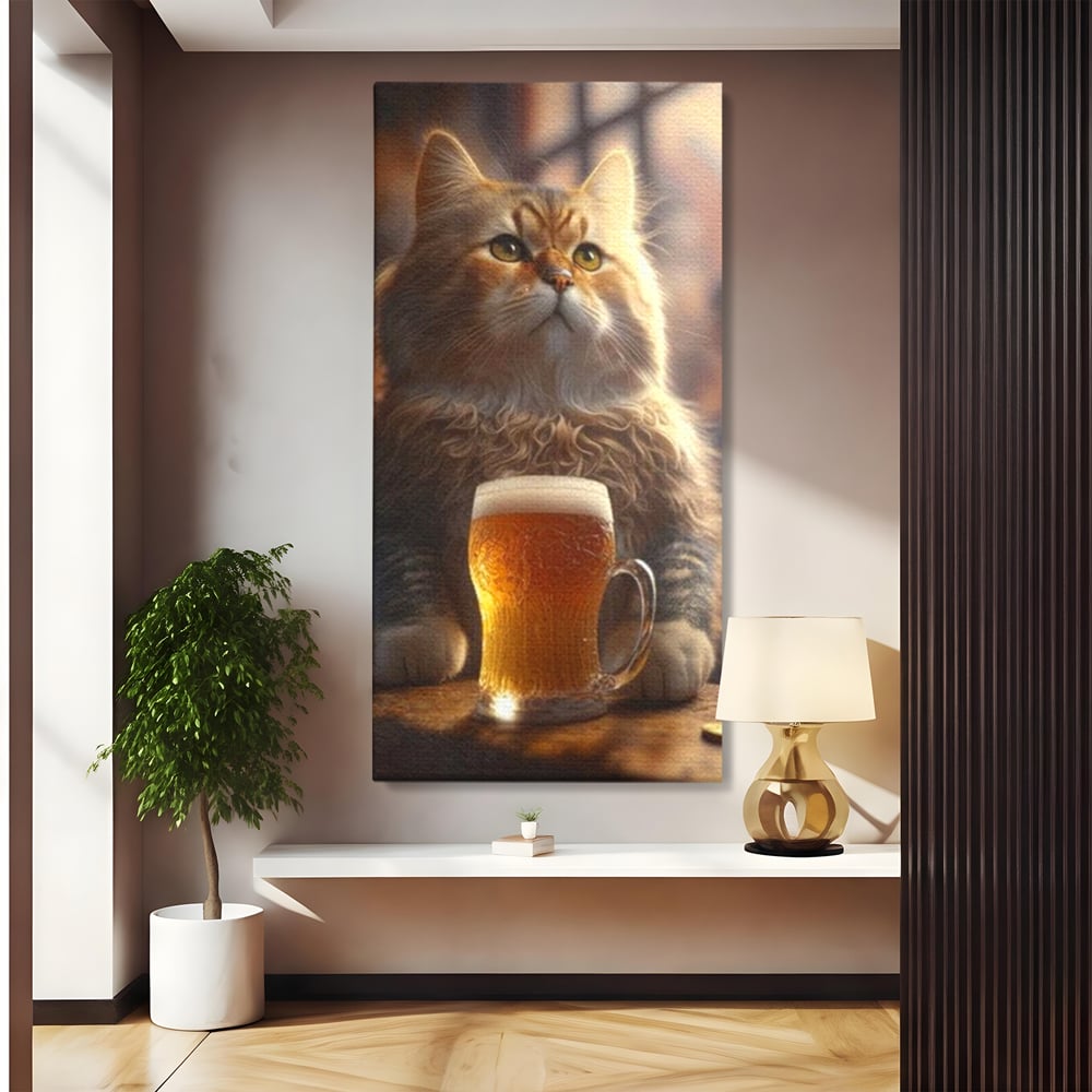 Tablou Canvas Premium, LuxCanva® M1173, Gingasie la Halba, Motan, Halba, Bar, Bere, Pahar, Spuma, Taverna, Bautura, Vintage, Portret, Felina, Birou, Living, Camera Copil