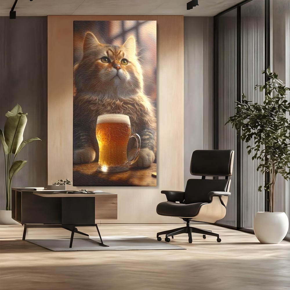 Tablou Canvas Premium, LuxCanva® M1173, Gingasie la Halba, Motan, Halba, Bar, Bere, Pahar, Spuma, Taverna, Bautura, Vintage, Portret, Felina, Birou, Living, Camera Copil