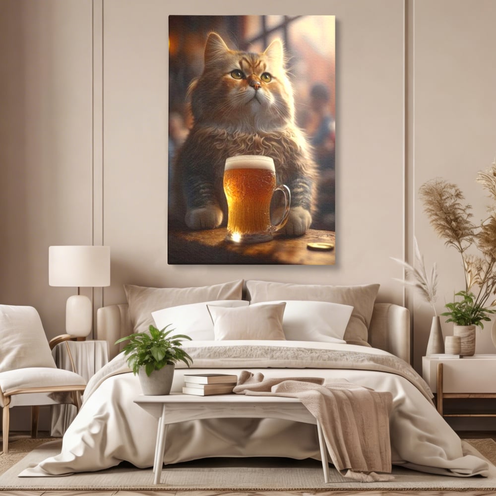 Tablou Canvas Premium, LuxCanva® M1173, Gingasie la Halba, Motan, Halba, Bar, Bere, Pahar, Spuma, Taverna, Bautura, Vintage, Portret, Felina, Birou, Living, Camera Copil