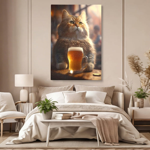 Tablou Canvas Premium, LuxCanva® M1173, Gingasie la Halba, Motan, Halba, Bar, Bere, Pahar, Spuma, Taverna, Bautura, Vintage, Portret, Felina, Birou, Living, Camera Copil