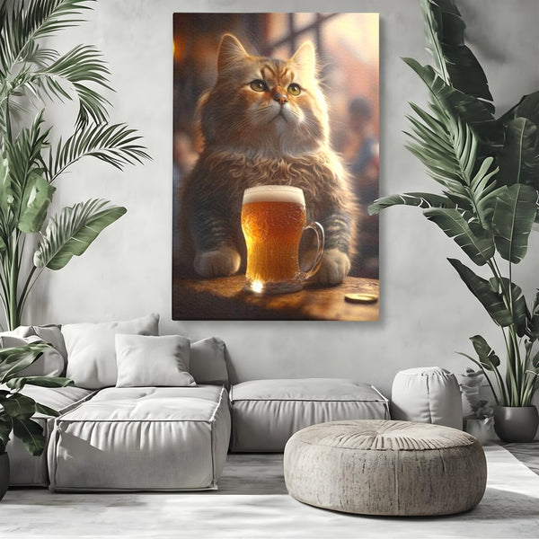 Tablou Canvas Premium, LuxCanva® M1173, Gingasie la Halba, Motan, Halba, Bar, Bere, Pahar, Spuma, Taverna, Bautura, Vintage, Portret, Felina, Birou, Living, Camera Copil