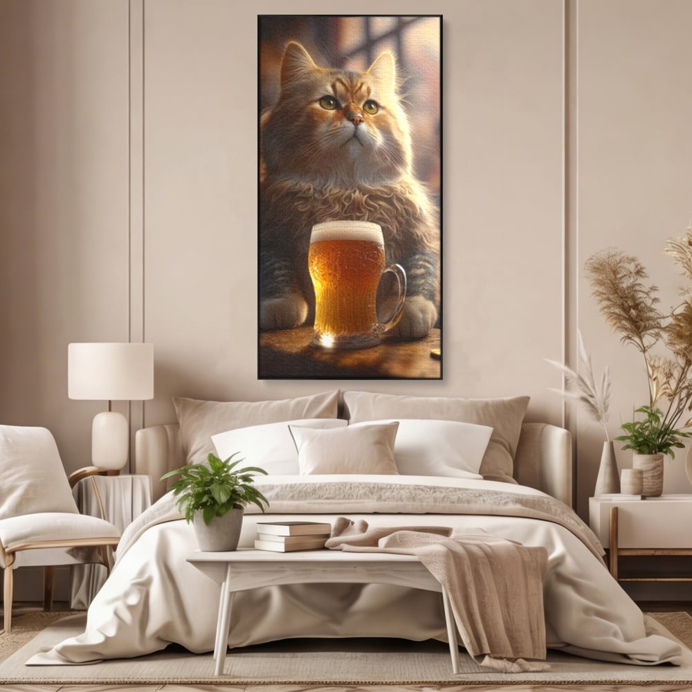 Tablou Canvas Premium, LuxCanva® M1173, Gingasie la Halba, Motan, Halba, Bar, Bere, Pahar, Spuma, Taverna, Bautura, Vintage, Portret, Felina, Birou, Living, Camera Copil