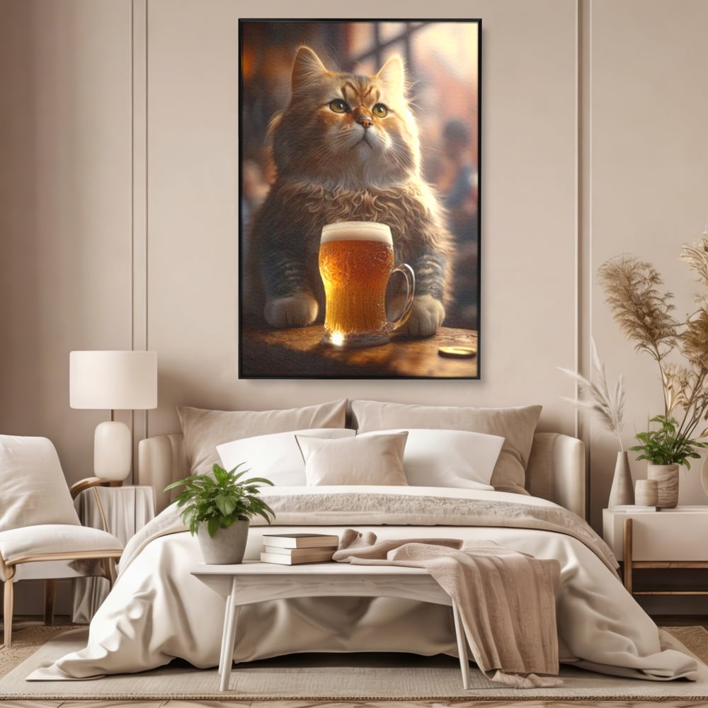 Tablou Canvas Premium, LuxCanva® M1173, Gingasie la Halba, Motan, Halba, Bar, Bere, Pahar, Spuma, Taverna, Bautura, Vintage, Portret, Felina, Birou, Living, Camera Copil
