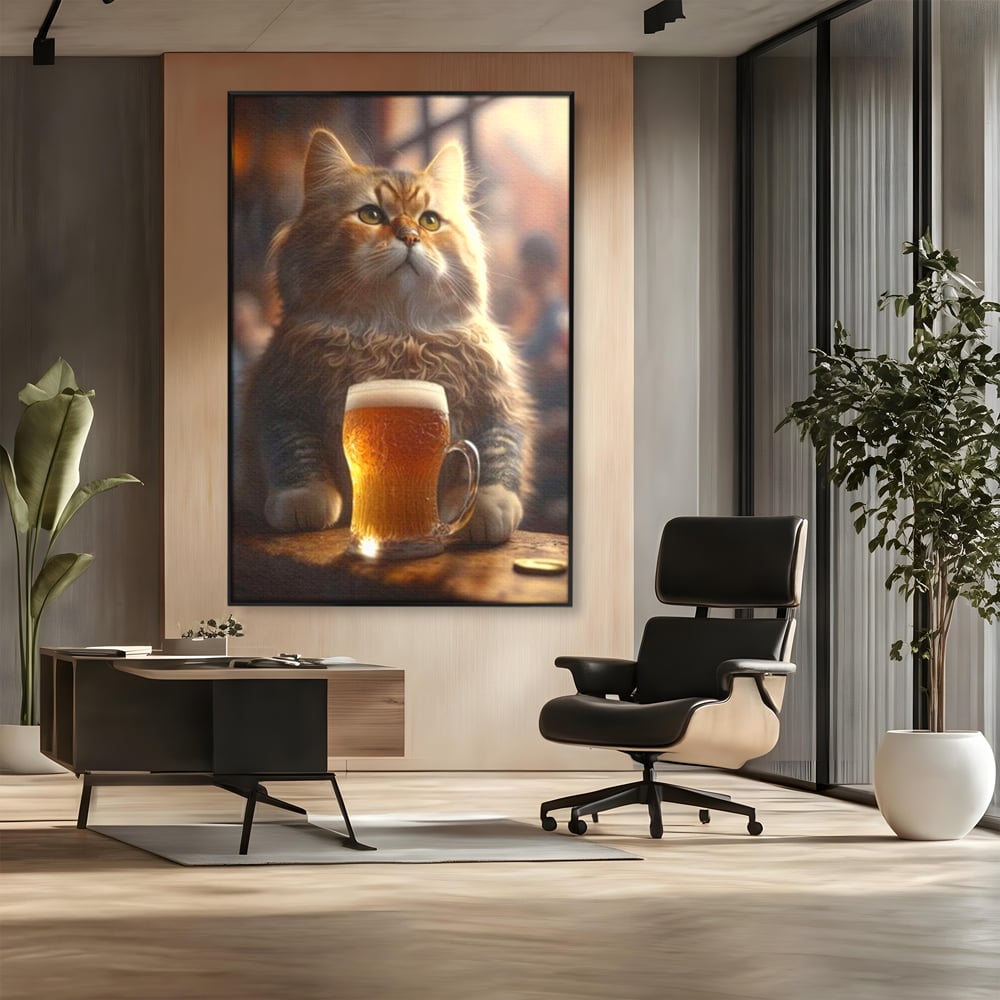 Tablou Canvas Premium, LuxCanva® M1173, Gingasie la Halba, Motan, Halba, Bar, Bere, Pahar, Spuma, Taverna, Bautura, Vintage, Portret, Felina, Birou, Living, Camera Copil