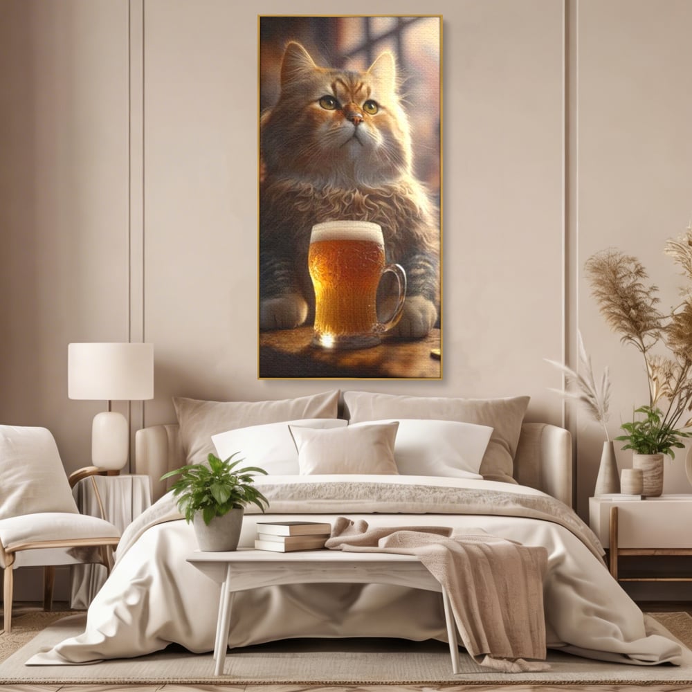 Tablou Canvas Premium, LuxCanva® M1173, Gingasie la Halba, Motan, Halba, Bar, Bere, Pahar, Spuma, Taverna, Bautura, Vintage, Portret, Felina, Birou, Living, Camera Copil