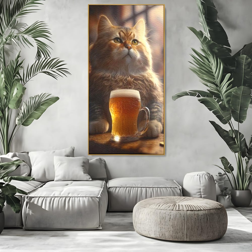 Tablou Canvas Premium, LuxCanva® M1173, Gingasie la Halba, Motan, Halba, Bar, Bere, Pahar, Spuma, Taverna, Bautura, Vintage, Portret, Felina, Birou, Living, Camera Copil