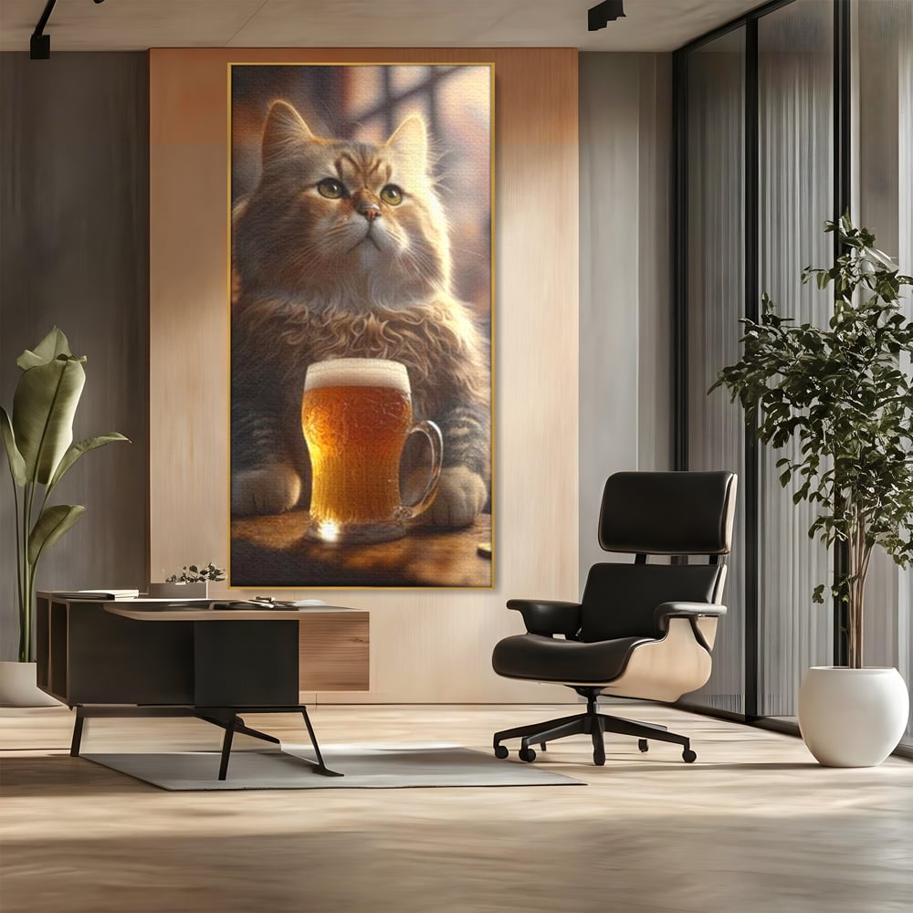 Tablou Canvas Premium, LuxCanva® M1173, Gingasie la Halba, Motan, Halba, Bar, Bere, Pahar, Spuma, Taverna, Bautura, Vintage, Portret, Felina, Birou, Living, Camera Copil