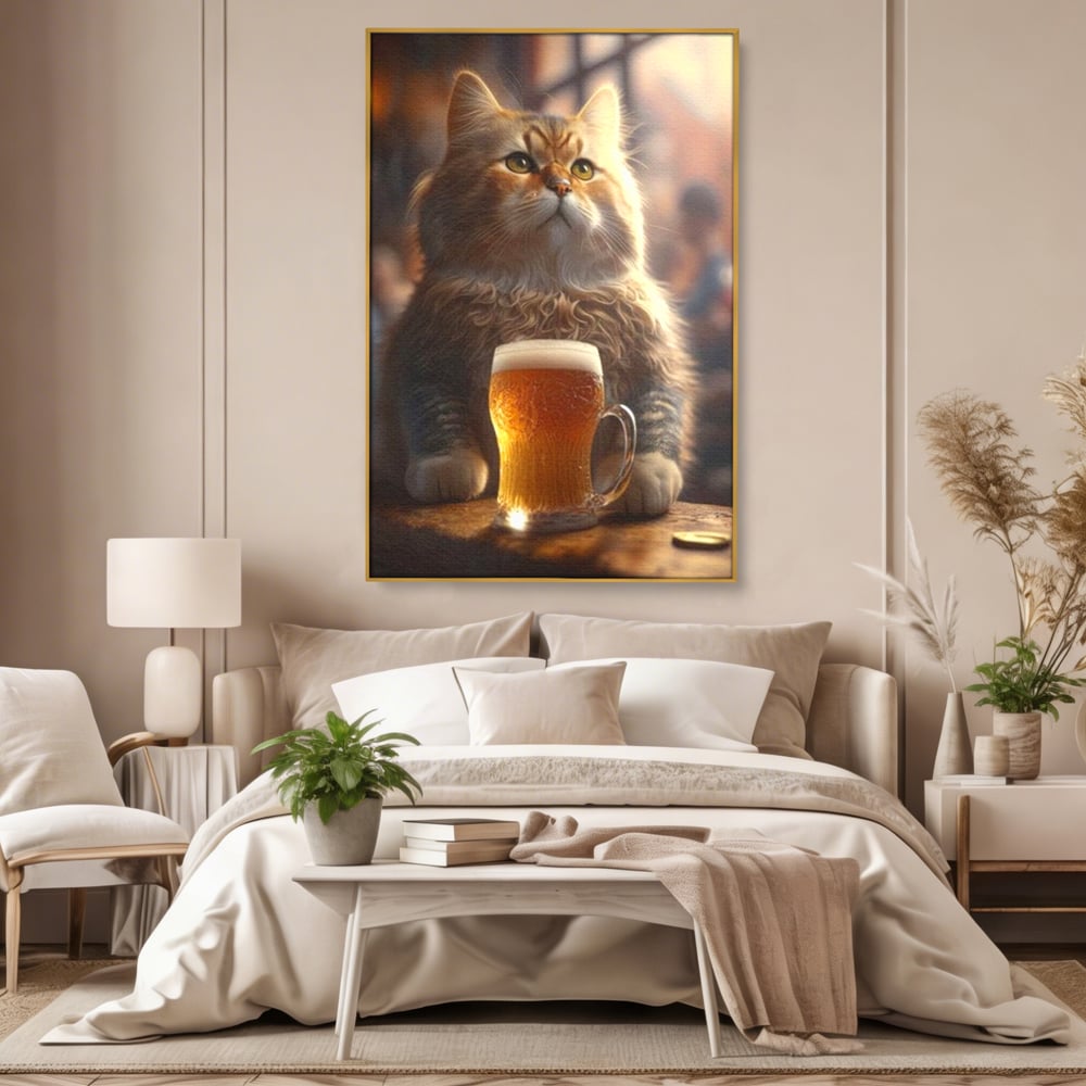 Tablou Canvas Premium, LuxCanva® M1173, Gingasie la Halba, Motan, Halba, Bar, Bere, Pahar, Spuma, Taverna, Bautura, Vintage, Portret, Felina, Birou, Living, Camera Copil