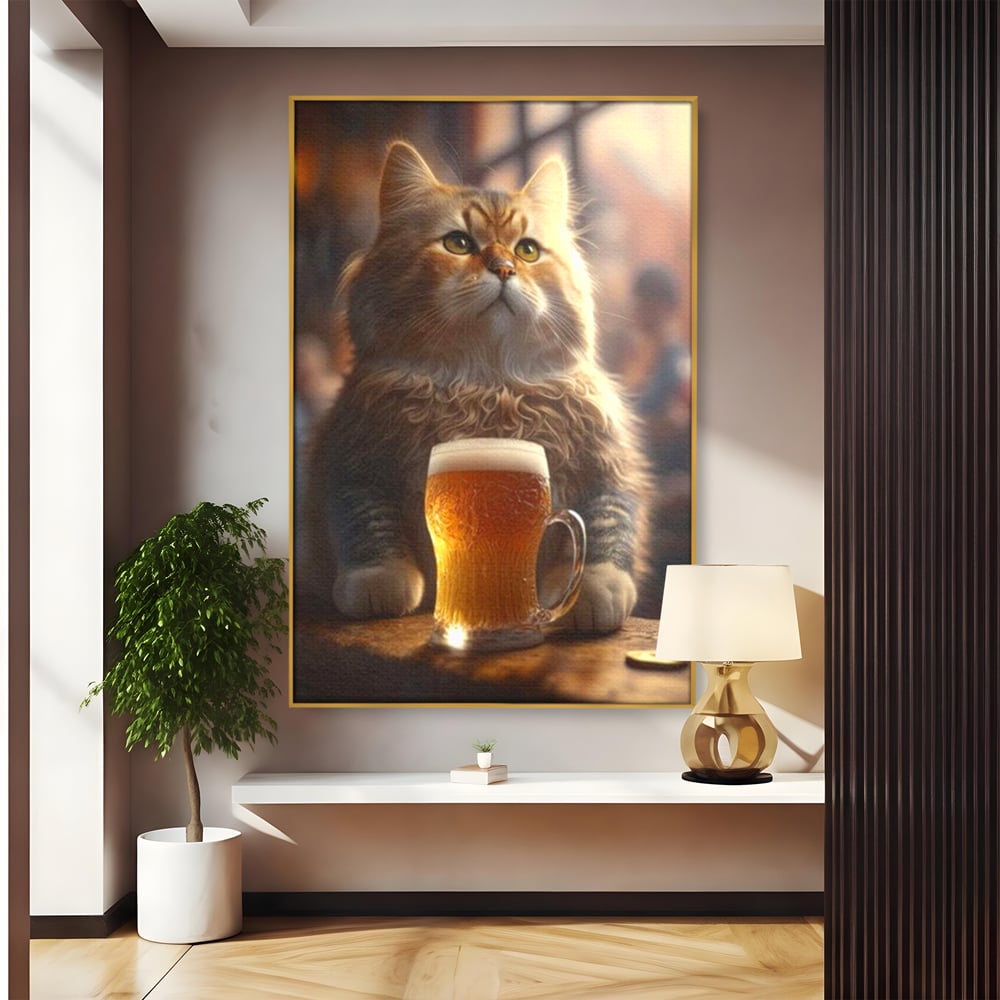 Tablou Canvas Premium, LuxCanva® M1173, Gingasie la Halba, Motan, Halba, Bar, Bere, Pahar, Spuma, Taverna, Bautura, Vintage, Portret, Felina, Birou, Living, Camera Copil