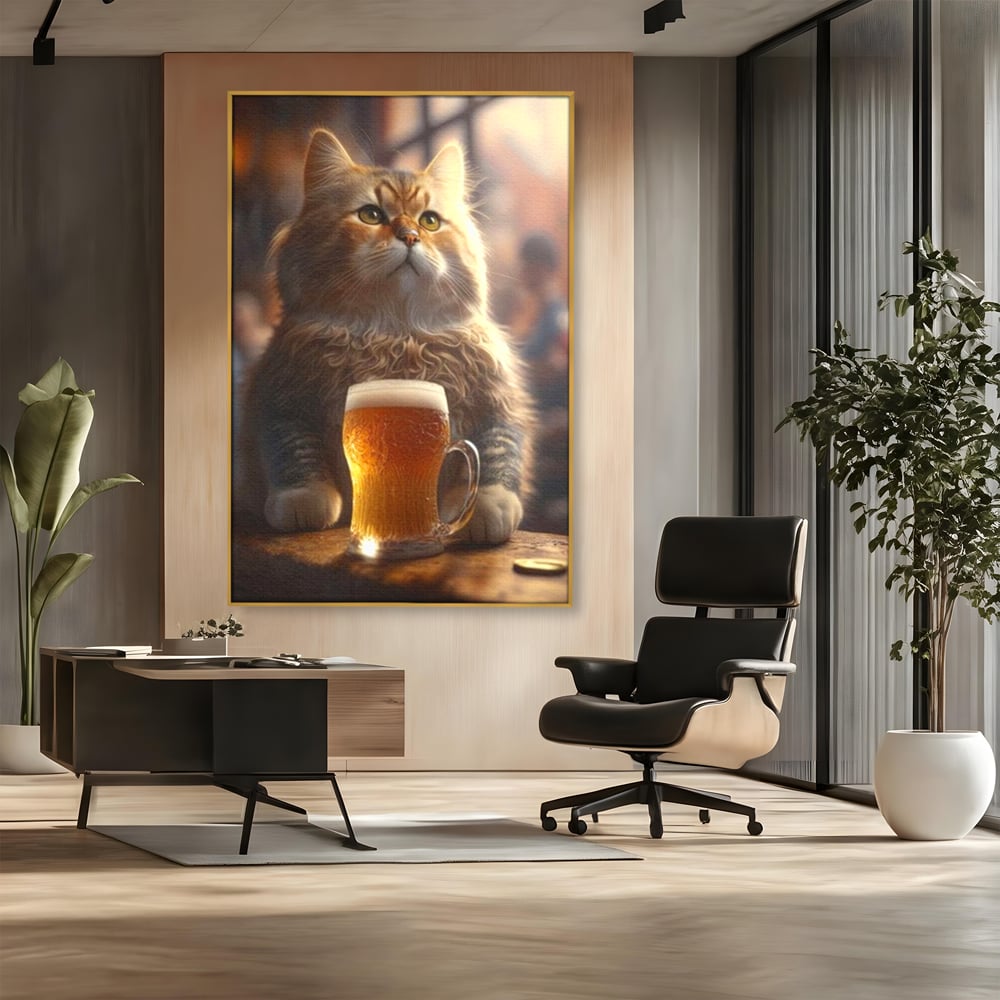 Tablou Canvas Premium, LuxCanva® M1173, Gingasie la Halba, Motan, Halba, Bar, Bere, Pahar, Spuma, Taverna, Bautura, Vintage, Portret, Felina, Birou, Living, Camera Copil