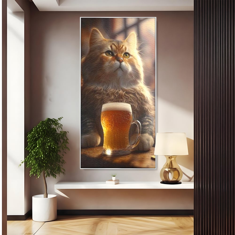 Tablou Canvas Premium, LuxCanva® M1173, Gingasie la Halba, Motan, Halba, Bar, Bere, Pahar, Spuma, Taverna, Bautura, Vintage, Portret, Felina, Birou, Living, Camera Copil