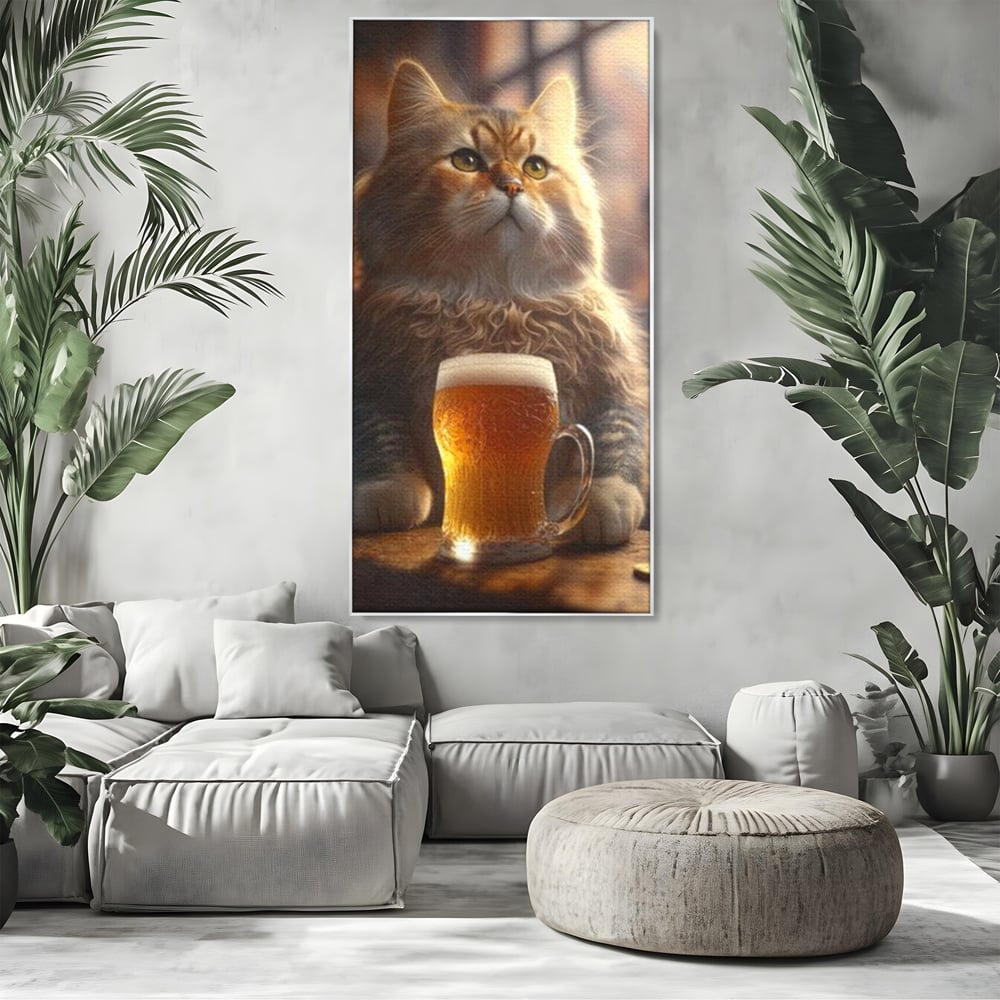 Tablou Canvas Premium, LuxCanva® M1173, Gingasie la Halba, Motan, Halba, Bar, Bere, Pahar, Spuma, Taverna, Bautura, Vintage, Portret, Felina, Birou, Living, Camera Copil
