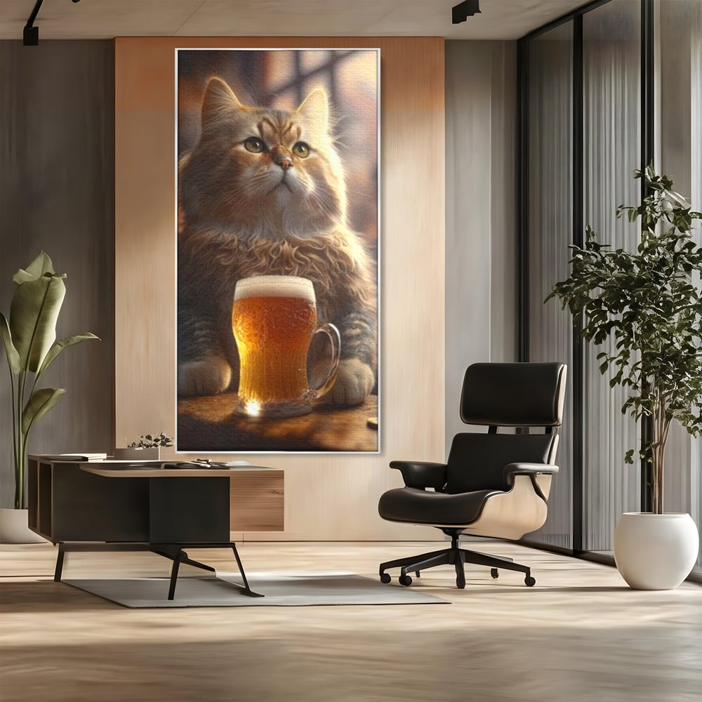 Tablou Canvas Premium, LuxCanva® M1173, Gingasie la Halba, Motan, Halba, Bar, Bere, Pahar, Spuma, Taverna, Bautura, Vintage, Portret, Felina, Birou, Living, Camera Copil