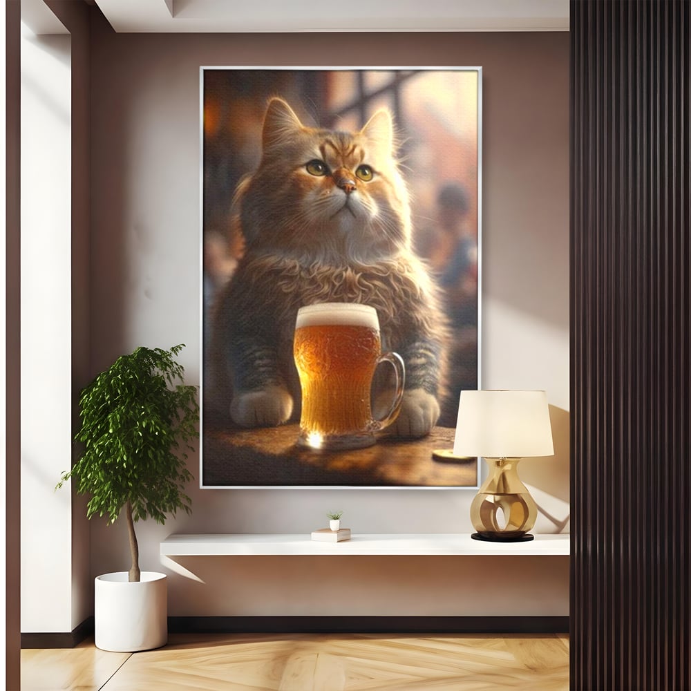 Tablou Canvas Premium, LuxCanva® M1173, Gingasie la Halba, Motan, Halba, Bar, Bere, Pahar, Spuma, Taverna, Bautura, Vintage, Portret, Felina, Birou, Living, Camera Copil
