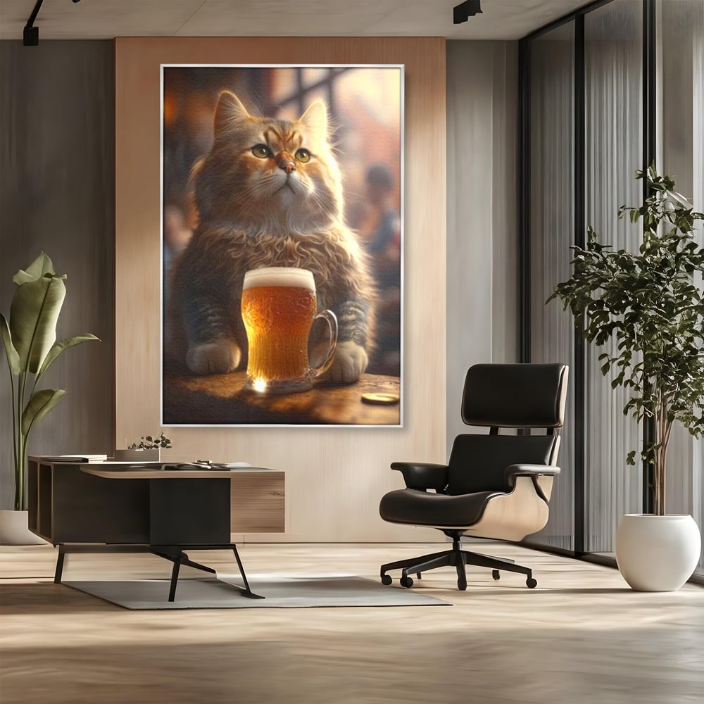 Tablou Canvas Premium, LuxCanva® M1173, Gingasie la Halba, Motan, Halba, Bar, Bere, Pahar, Spuma, Taverna, Bautura, Vintage, Portret, Felina, Birou, Living, Camera Copil