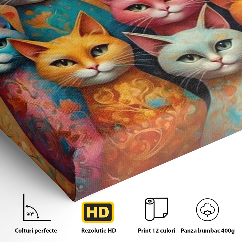 Leinwand Premium Canvas Wandkunst, LuxCanva® M1174, Pelzige Orchester, Katzen, Pastell, Gruppe, Familie, Mandala, Feline, Tiere, Abstrakt, Farbenfroh, Portrait, Büro, Wohnen, Kinderzimmer