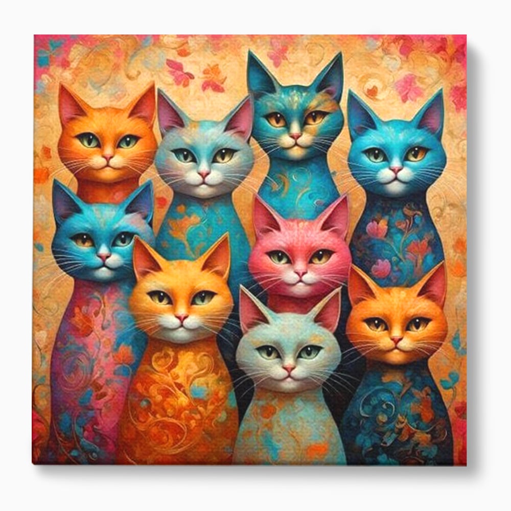 Leinwand Premium Canvas Wandkunst, LuxCanva® M1174, Pelzige Orchester, Katzen, Pastell, Gruppe, Familie, Mandala, Feline, Tiere, Abstrakt, Farbenfroh, Portrait, Büro, Wohnen, Kinderzimmer