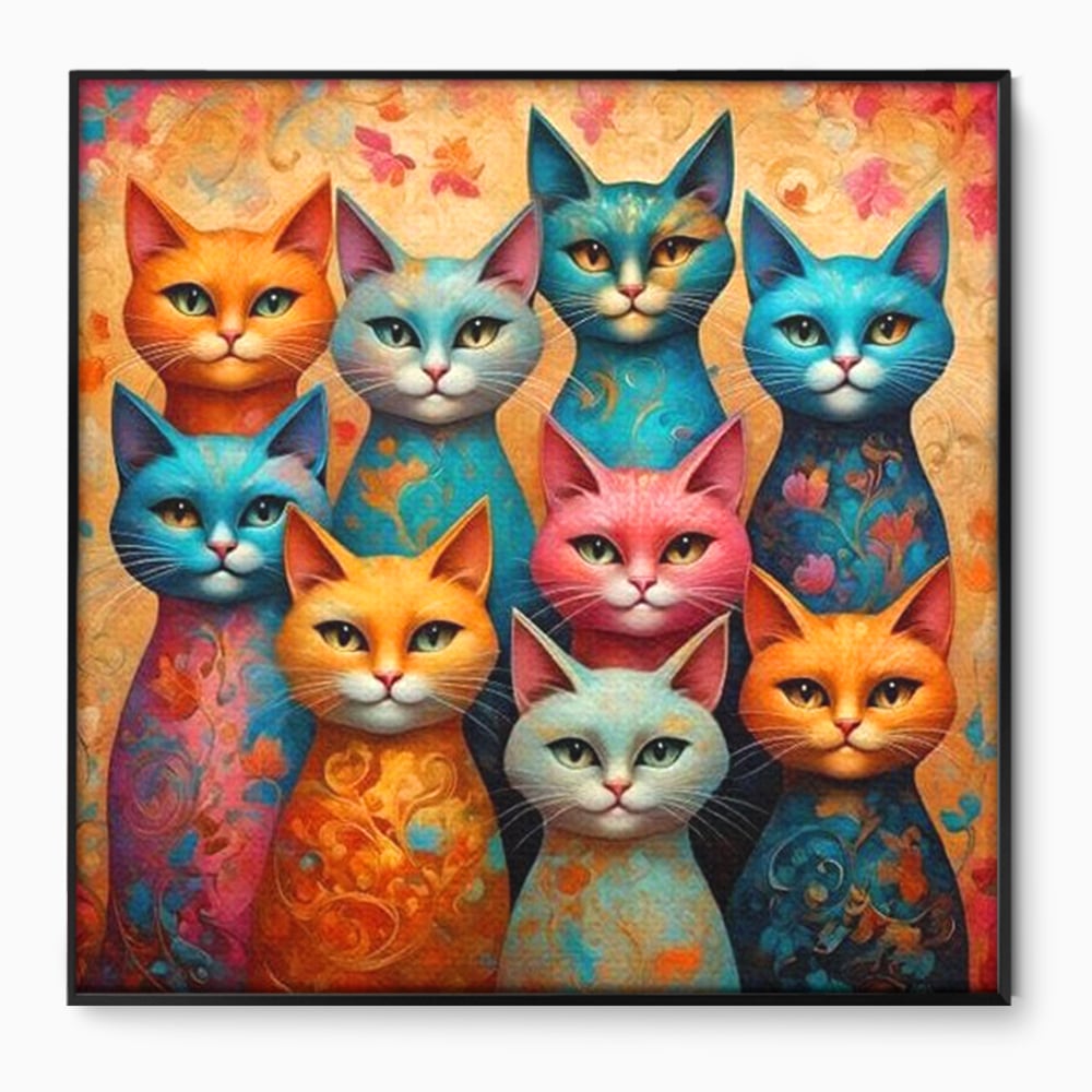 Leinwand Premium Canvas Wandkunst, LuxCanva® M1174, Pelzige Orchester, Katzen, Pastell, Gruppe, Familie, Mandala, Feline, Tiere, Abstrakt, Farbenfroh, Portrait, Büro, Wohnen, Kinderzimmer