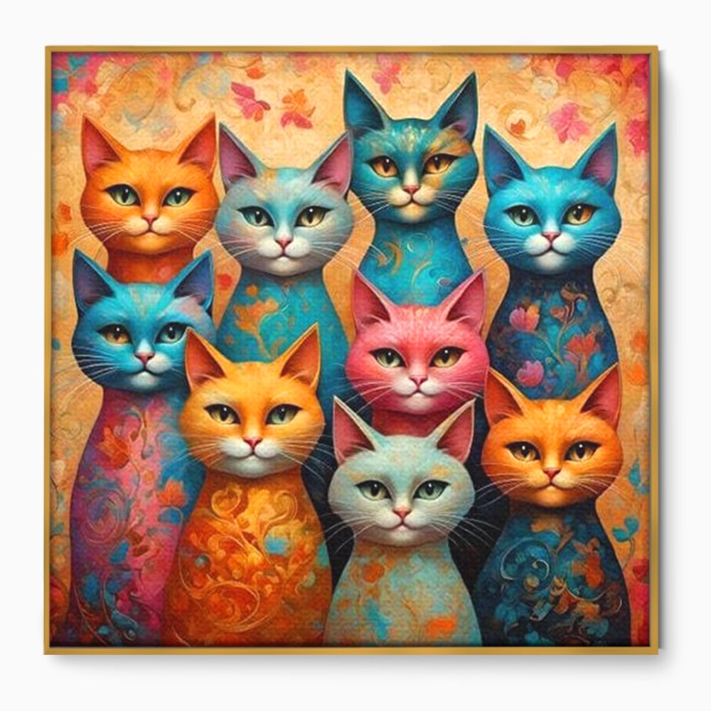 Leinwand Premium Canvas Wandkunst, LuxCanva® M1174, Pelzige Orchester, Katzen, Pastell, Gruppe, Familie, Mandala, Feline, Tiere, Abstrakt, Farbenfroh, Portrait, Büro, Wohnen, Kinderzimmer