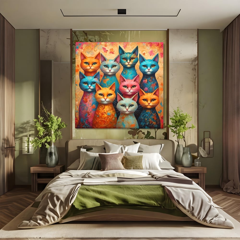 Leinwand Premium Canvas Wandkunst, LuxCanva® M1174, Pelzige Orchester, Katzen, Pastell, Gruppe, Familie, Mandala, Feline, Tiere, Abstrakt, Farbenfroh, Portrait, Büro, Wohnen, Kinderzimmer
