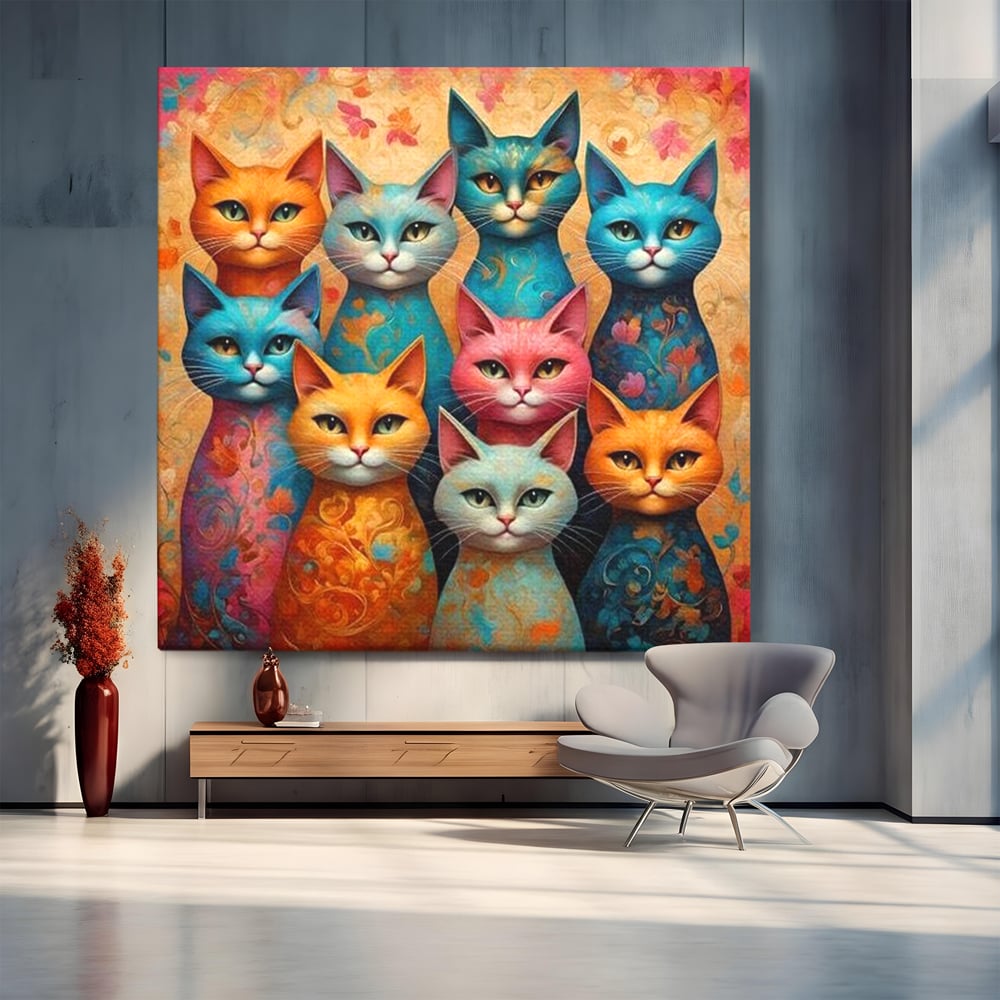 Leinwand Premium Canvas Wandkunst, LuxCanva® M1174, Pelzige Orchester, Katzen, Pastell, Gruppe, Familie, Mandala, Feline, Tiere, Abstrakt, Farbenfroh, Portrait, Büro, Wohnen, Kinderzimmer