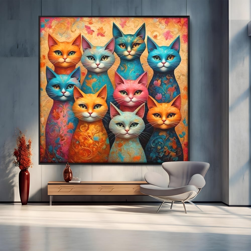 Leinwand Premium Canvas Wandkunst, LuxCanva® M1174, Pelzige Orchester, Katzen, Pastell, Gruppe, Familie, Mandala, Feline, Tiere, Abstrakt, Farbenfroh, Portrait, Büro, Wohnen, Kinderzimmer