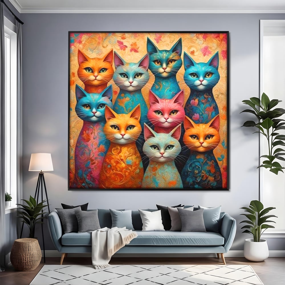Leinwand Premium Canvas Wandkunst, LuxCanva® M1174, Pelzige Orchester, Katzen, Pastell, Gruppe, Familie, Mandala, Feline, Tiere, Abstrakt, Farbenfroh, Portrait, Büro, Wohnen, Kinderzimmer