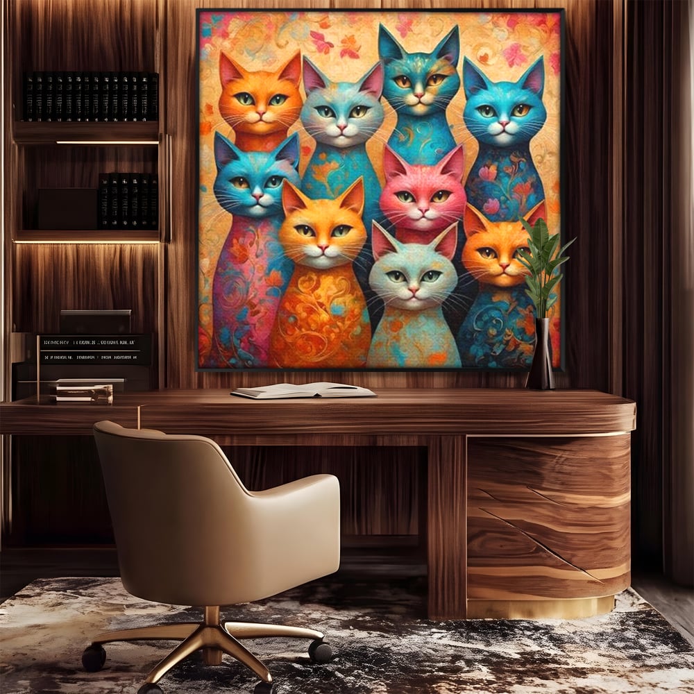 Leinwand Premium Canvas Wandkunst, LuxCanva® M1174, Pelzige Orchester, Katzen, Pastell, Gruppe, Familie, Mandala, Feline, Tiere, Abstrakt, Farbenfroh, Portrait, Büro, Wohnen, Kinderzimmer
