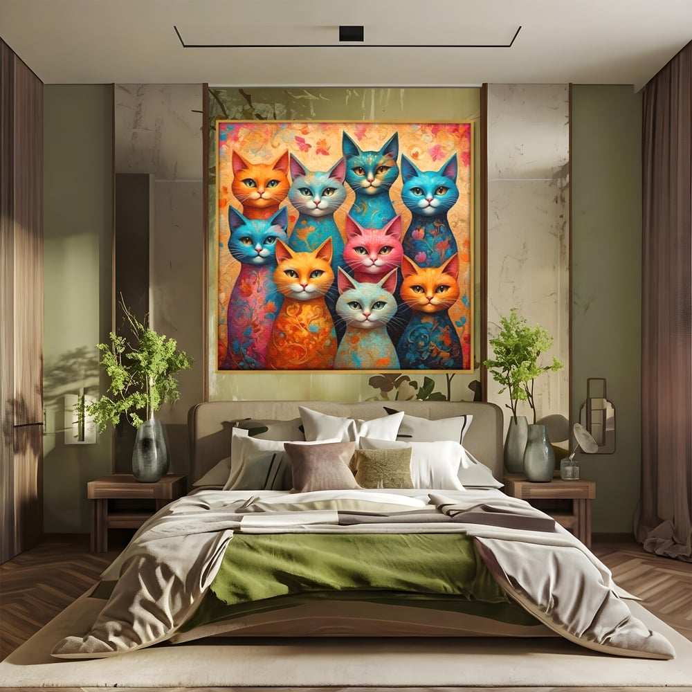 Leinwand Premium Canvas Wandkunst, LuxCanva® M1174, Pelzige Orchester, Katzen, Pastell, Gruppe, Familie, Mandala, Feline, Tiere, Abstrakt, Farbenfroh, Portrait, Büro, Wohnen, Kinderzimmer