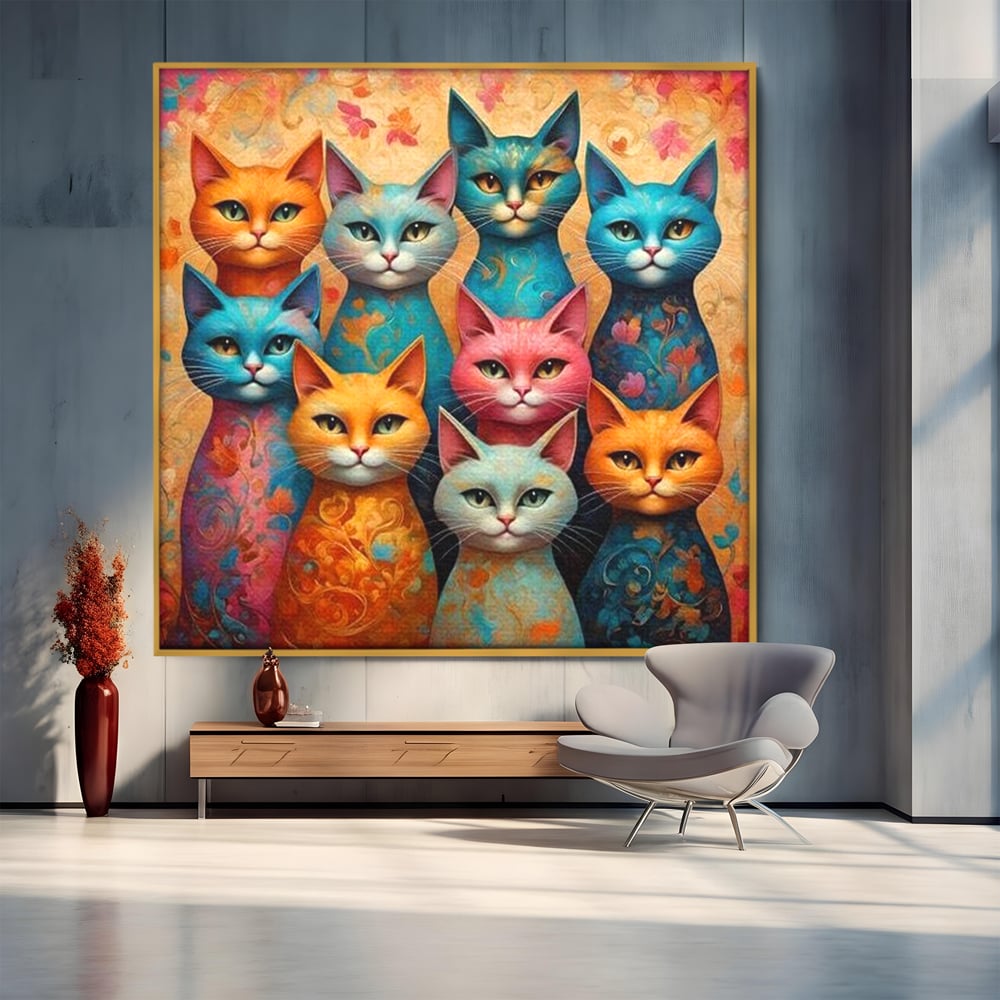 Leinwand Premium Canvas Wandkunst, LuxCanva® M1174, Pelzige Orchester, Katzen, Pastell, Gruppe, Familie, Mandala, Feline, Tiere, Abstrakt, Farbenfroh, Portrait, Büro, Wohnen, Kinderzimmer