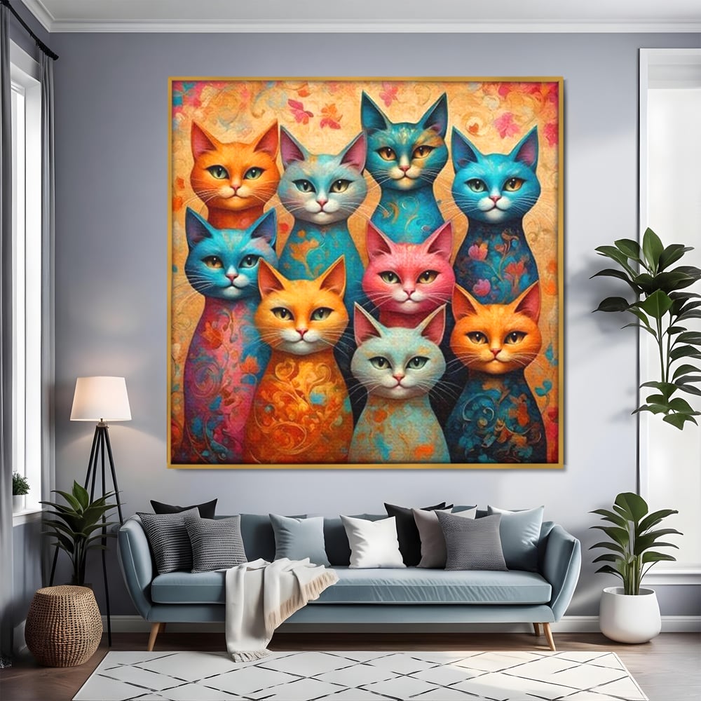 Leinwand Premium Canvas Wandkunst, LuxCanva® M1174, Pelzige Orchester, Katzen, Pastell, Gruppe, Familie, Mandala, Feline, Tiere, Abstrakt, Farbenfroh, Portrait, Büro, Wohnen, Kinderzimmer