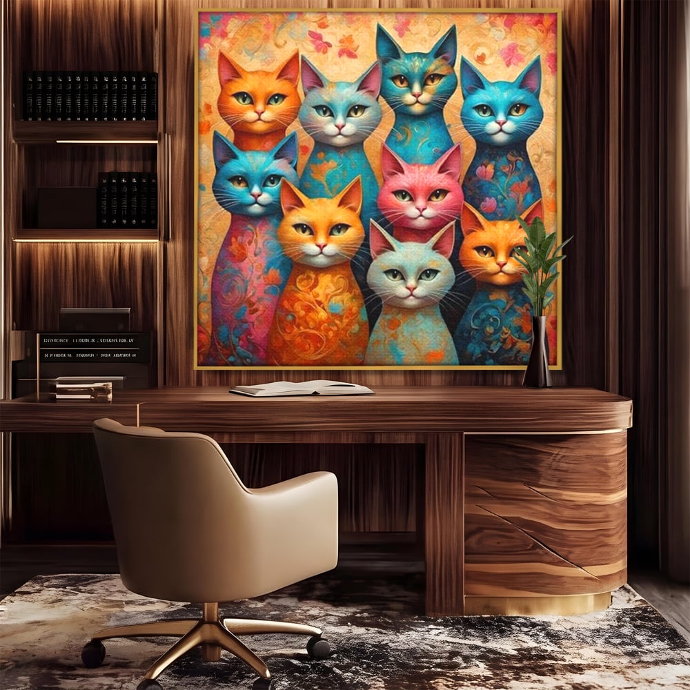 Leinwand Premium Canvas Wandkunst, LuxCanva® M1174, Pelzige Orchester, Katzen, Pastell, Gruppe, Familie, Mandala, Feline, Tiere, Abstrakt, Farbenfroh, Portrait, Büro, Wohnen, Kinderzimmer